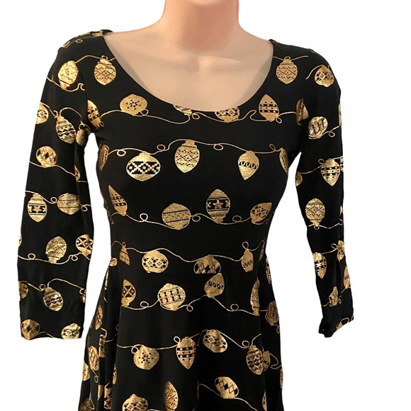 X-Mas Ornament Dress Gold Foil Black T-Shirt Dress Skater Short Fit & Flare Mini - Picture 6 of 11